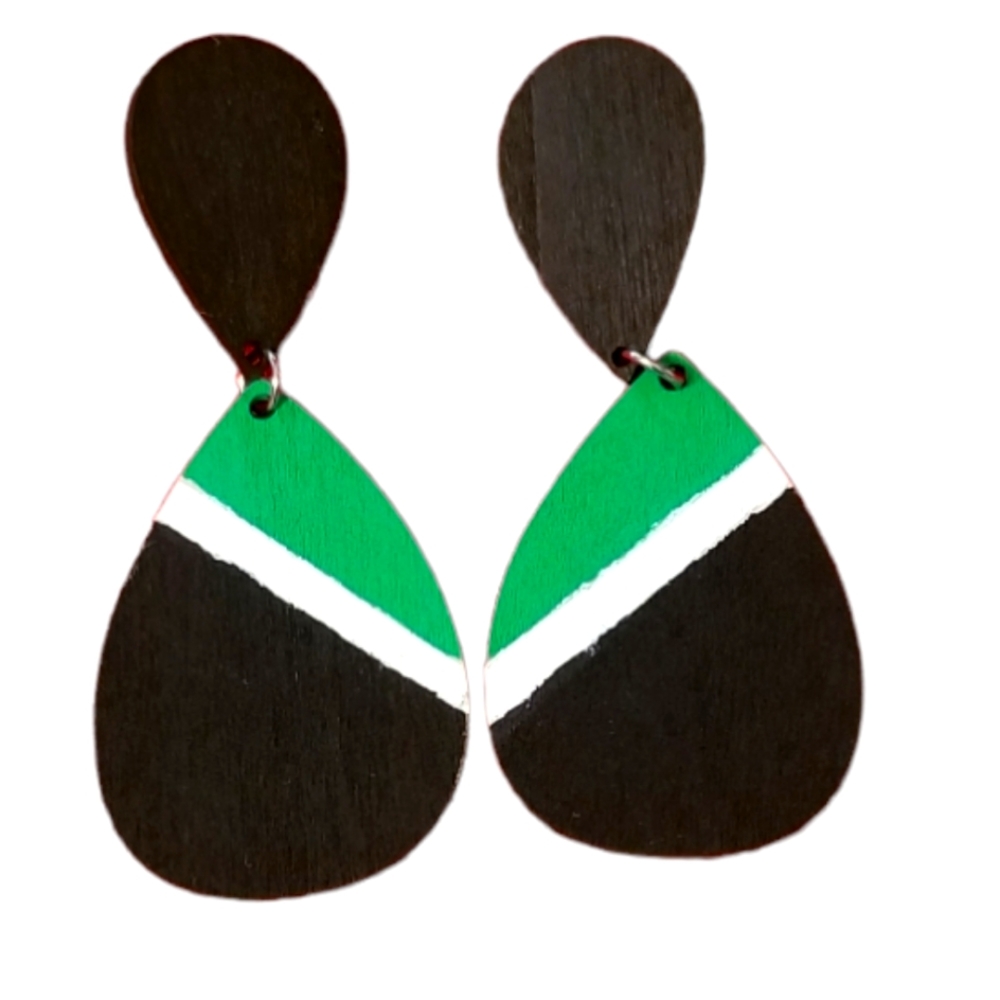 Green/White/Black Handmade Hand Painted Wooden Earrings